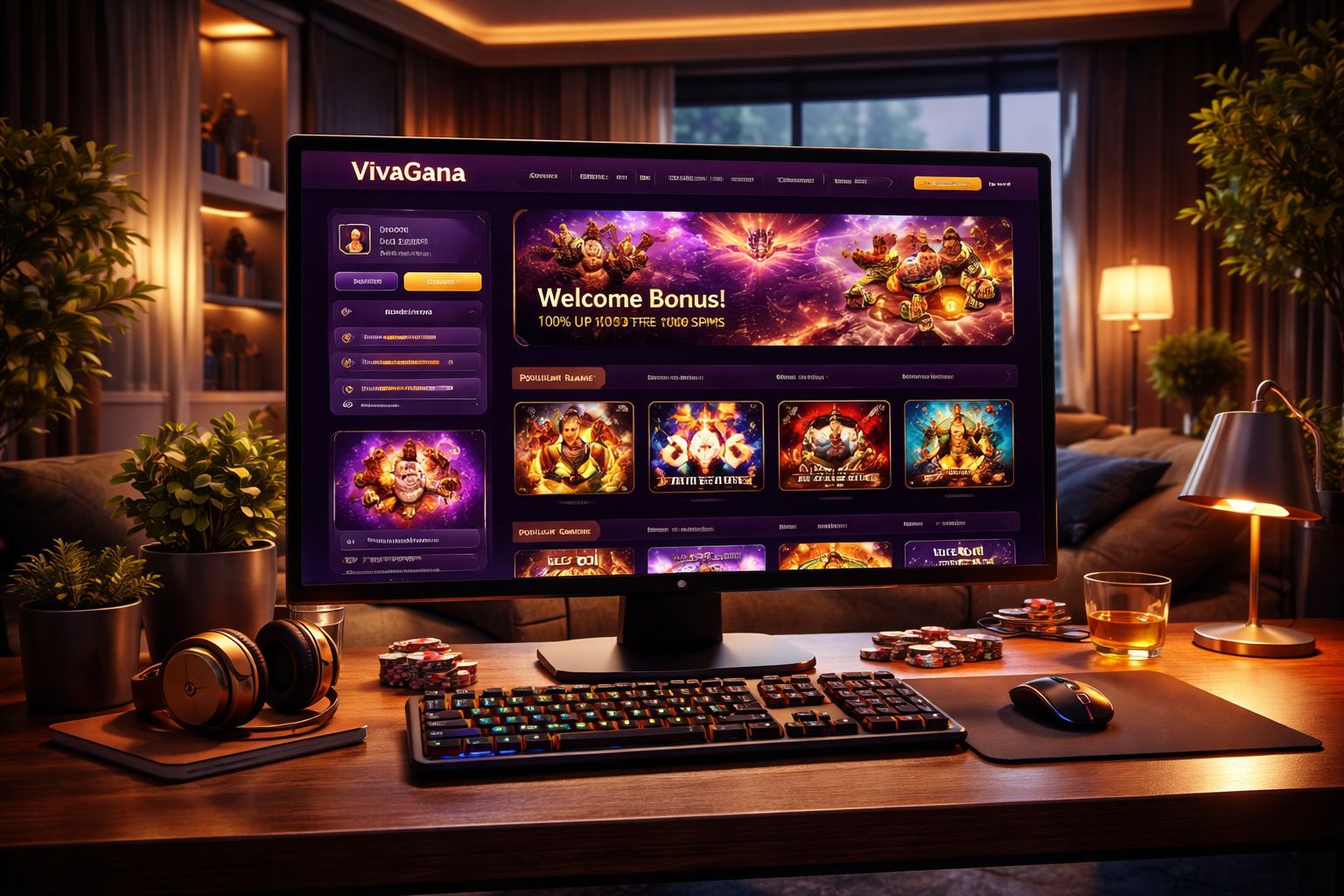 Plataforma de casino en línea VivaGana con categorías de juegos y acceso seguro
