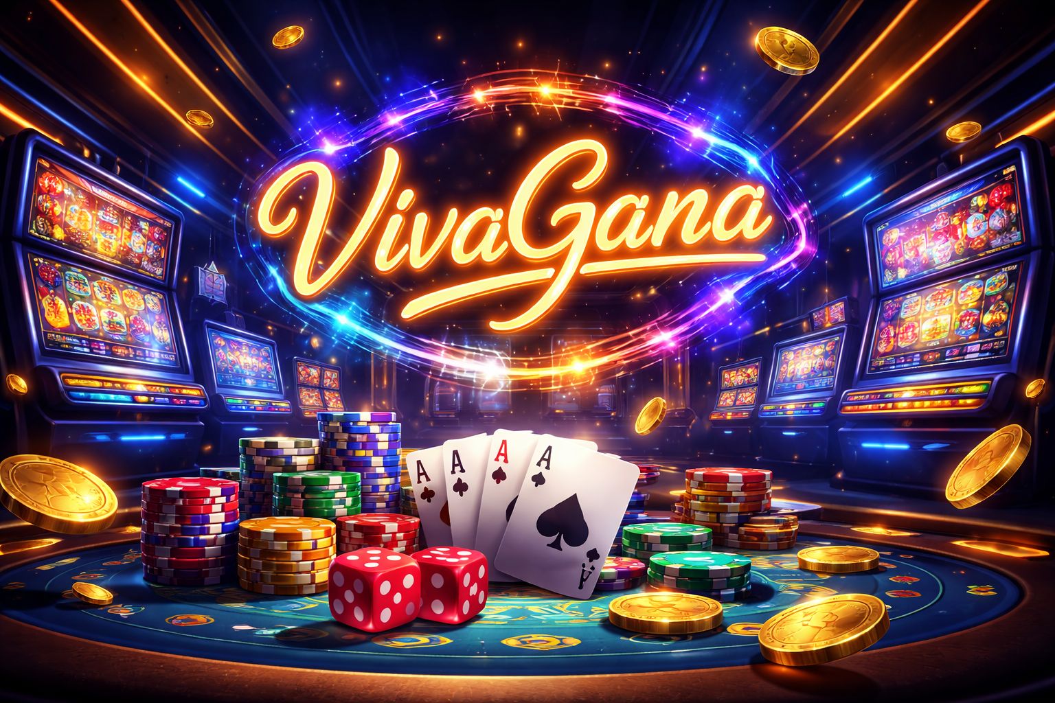 Letrero de neón VivaGana sobre una configuración vibrante de juegos con fichas, cartas y pantallas brillantes.