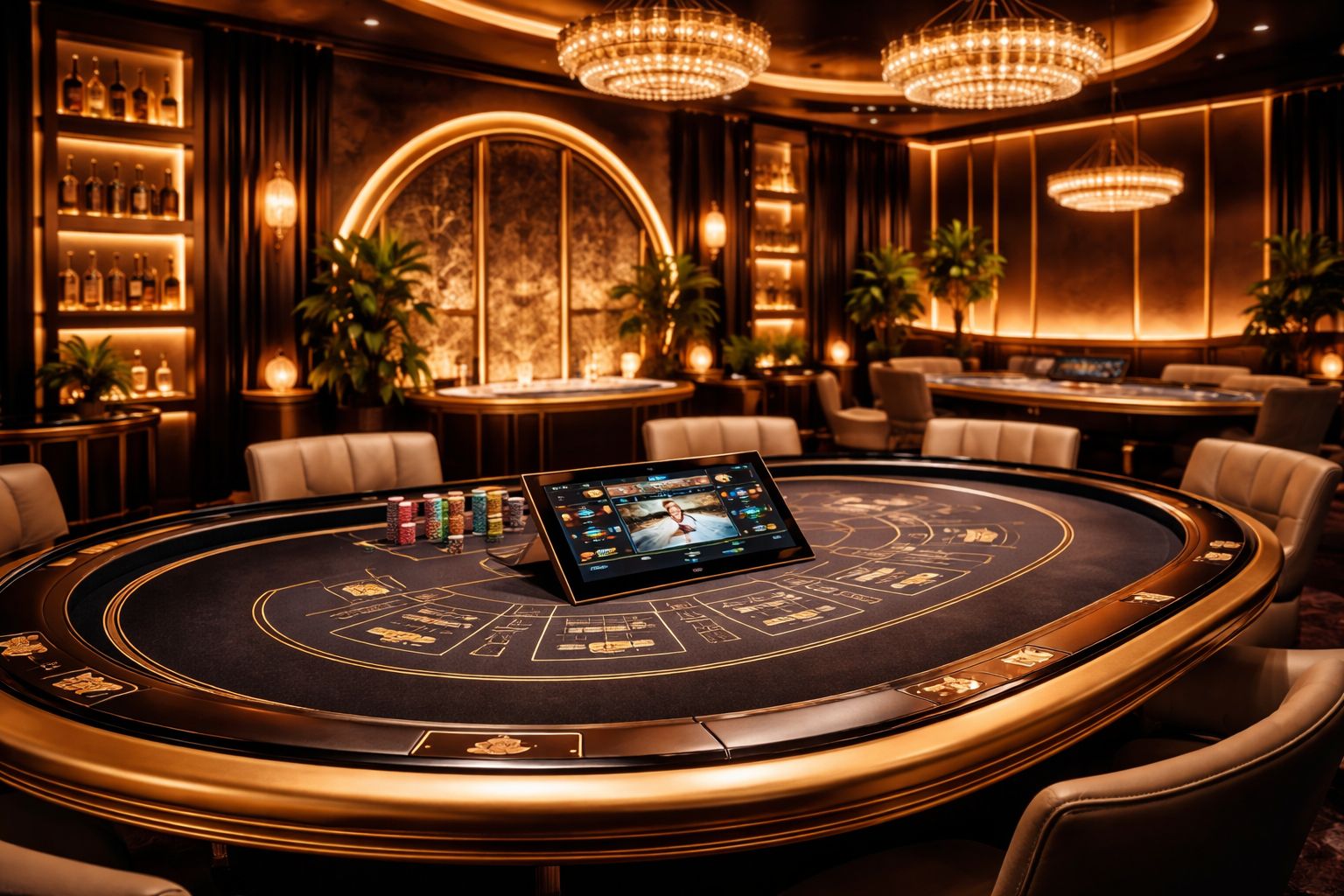 Estudio moderno de casino en vivo con una mesa pulida, iluminación brillante y una pantalla móvil mostrando jugabilidad interactiva.