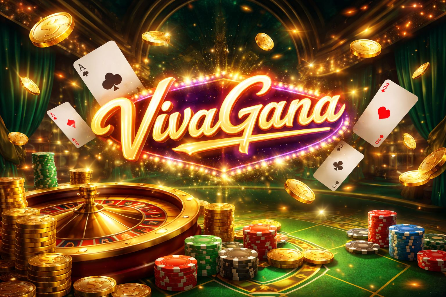 Una vibrante escena heroica de VivaGana con elementos brillantes de casino, monedas, cartas y una atmósfera audaz de juegos para México.
